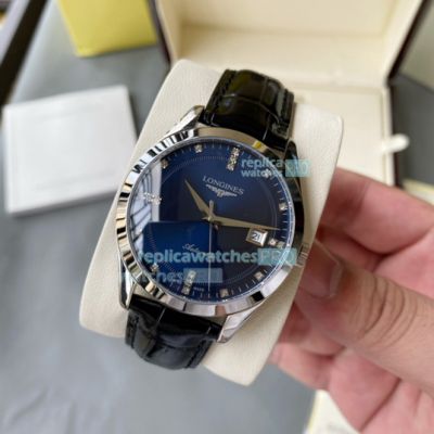 Replica Longines Blue Dial Stainless Steel Case Black Leather Strap Watch
